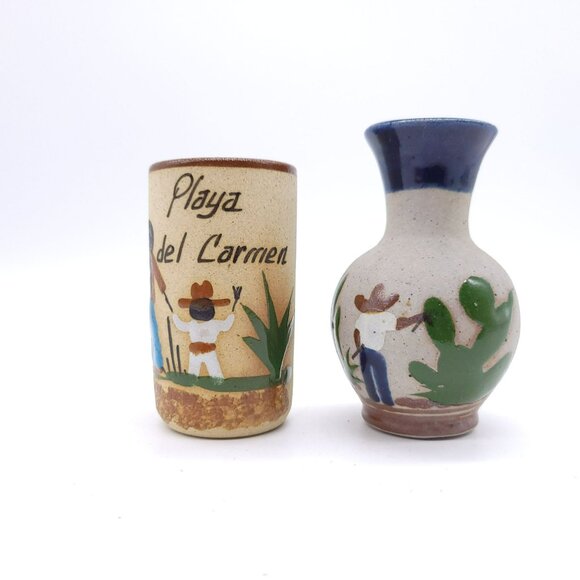 Mexican Tonala Pottery Vases 2 Hand-Painted Playa del Carmen Signed Vintage - Picture 2 of 14